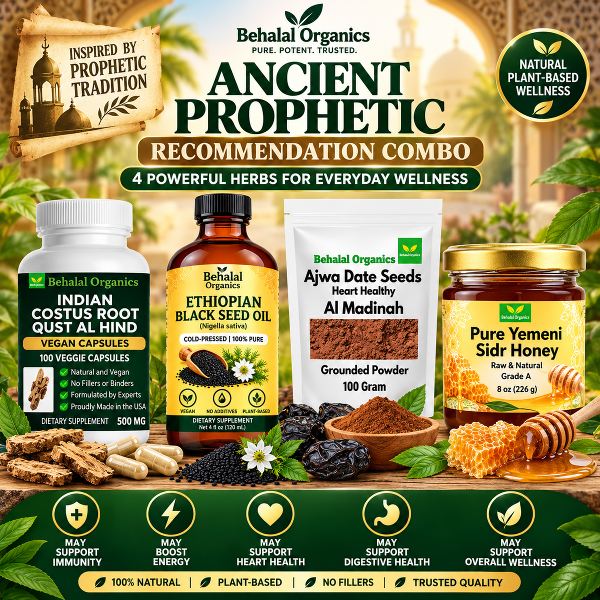 Ancient Prophetic Wellness 4-in-1 Combo Pack | Ethiopian Black Seed Oil, Pure Yemeni Sidr Honey, Ajwa Date Seed Powder & Qust Al Hindi |