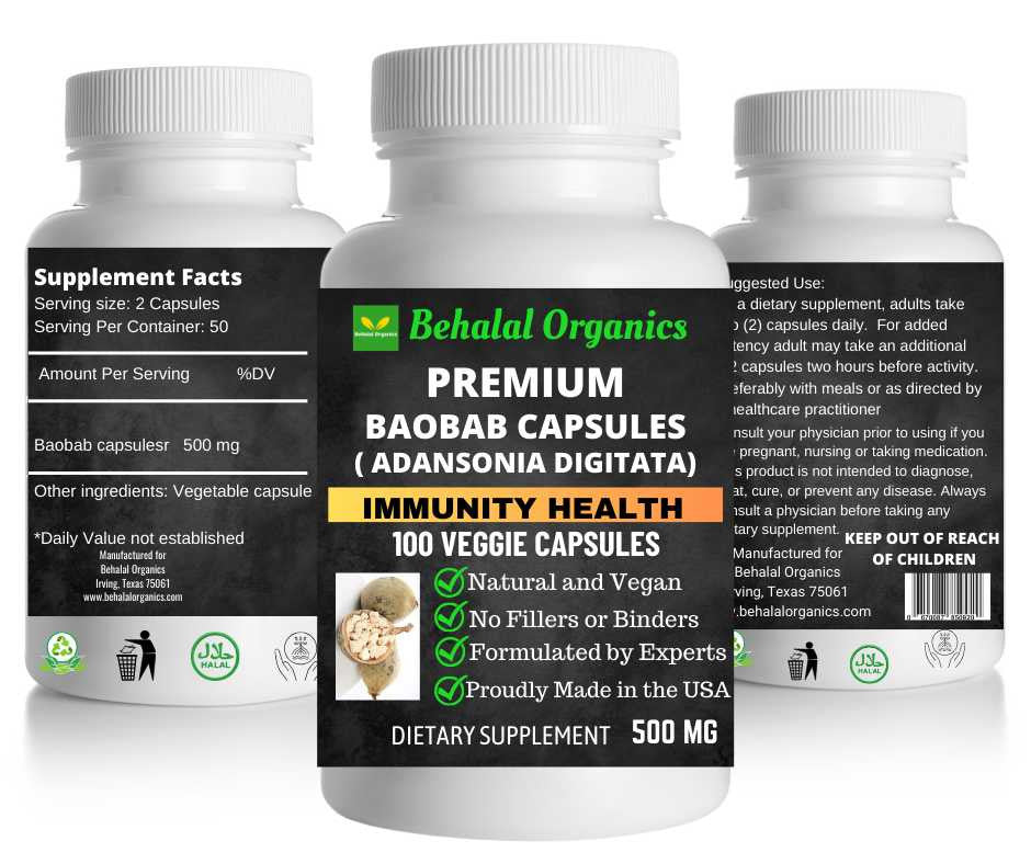 Baobab capsules 100 Quick Release Capsules - 500mg Per Capsule Behalal Organics