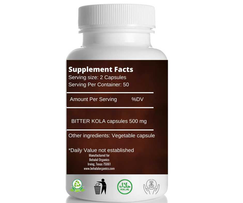 Bitter kola 100 Quick Release Capsules - 500mg Per Capsule Behalal Organics