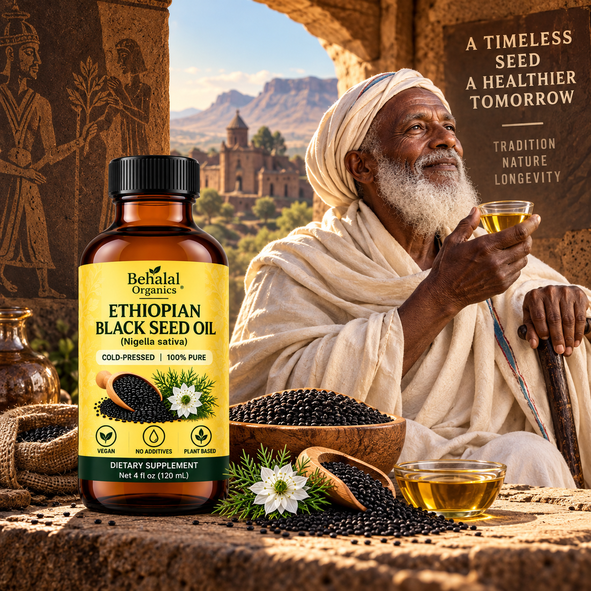 Ancient Prophetic Wellness 4-in-1 Combo Pack | Ethiopian Black Seed Oil, Pure Yemeni Sidr Honey, Ajwa Date Seed Powder & Qust Al Hindi |