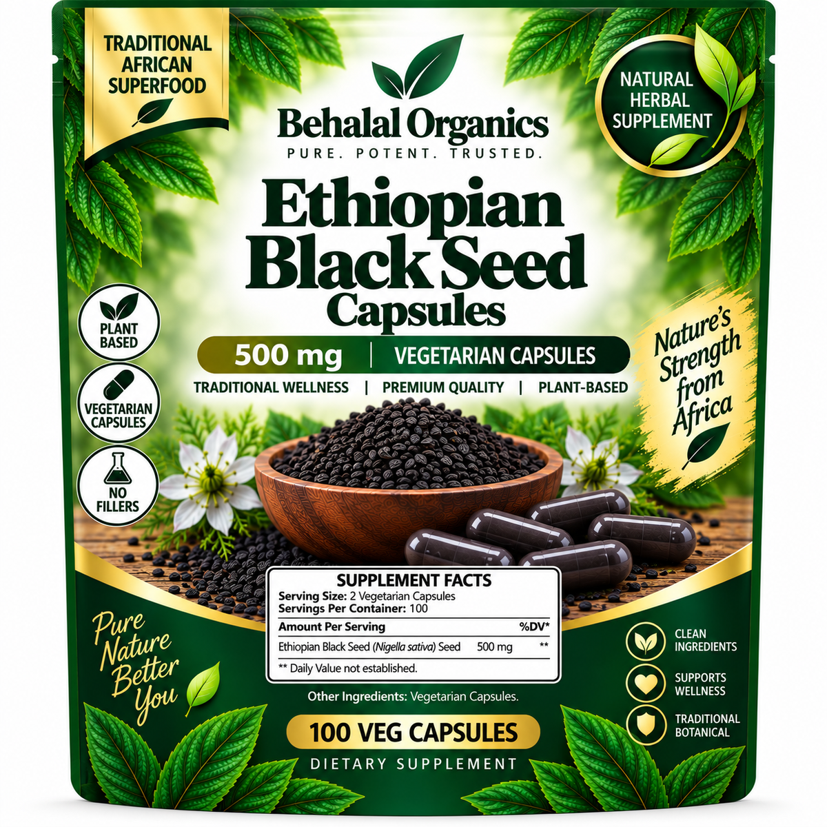 Ethiopian Black seed 500mg vegetarian capsules made fresh ( Nigella Sativa )