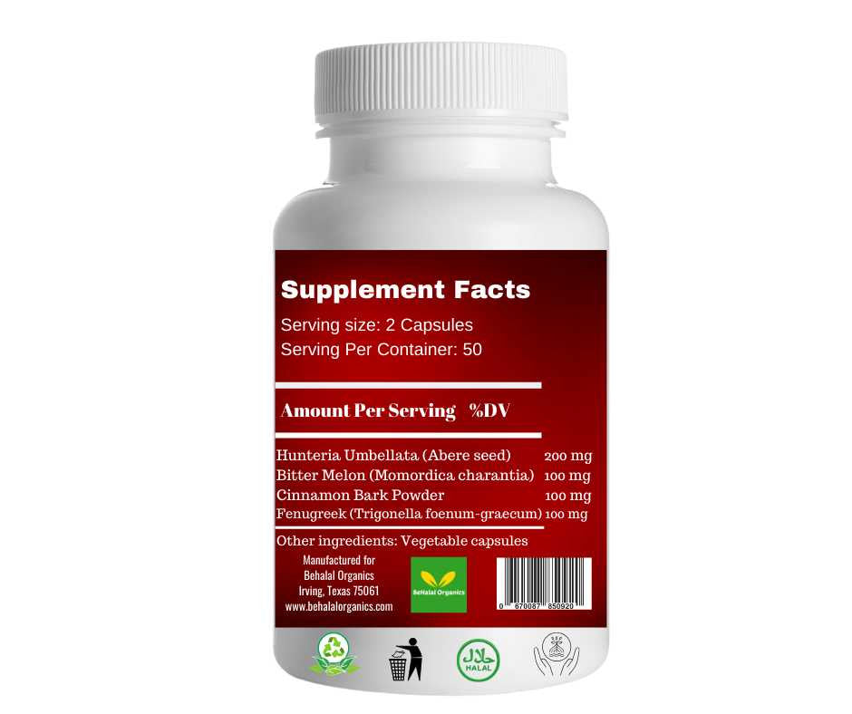 Blood Sugar Formula Premium Support with Abere, Cinnamon, Fenugreek, Bittermelon 100 Counts Behalal Organics