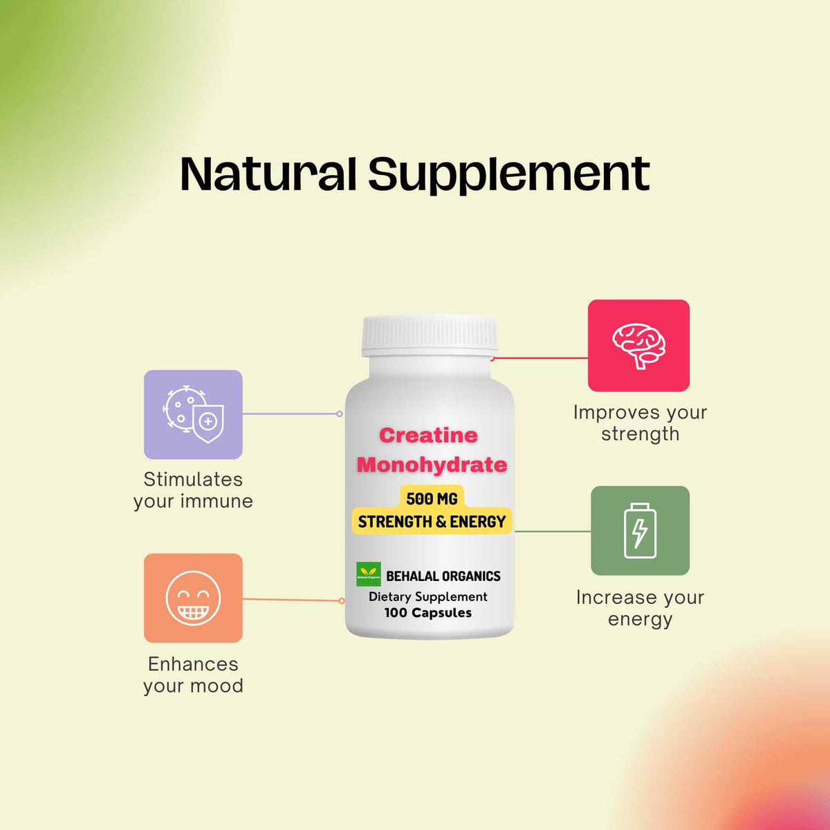 Creatine Monohydrate -500 mg 100 Quick Capsules Behalal Organics