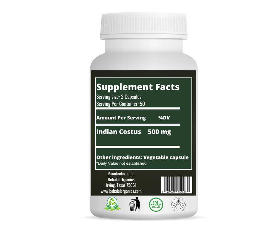 Indian costus qust al hind 100 Quick Release Capsules - 500mg Per Capsule Behalal Organics