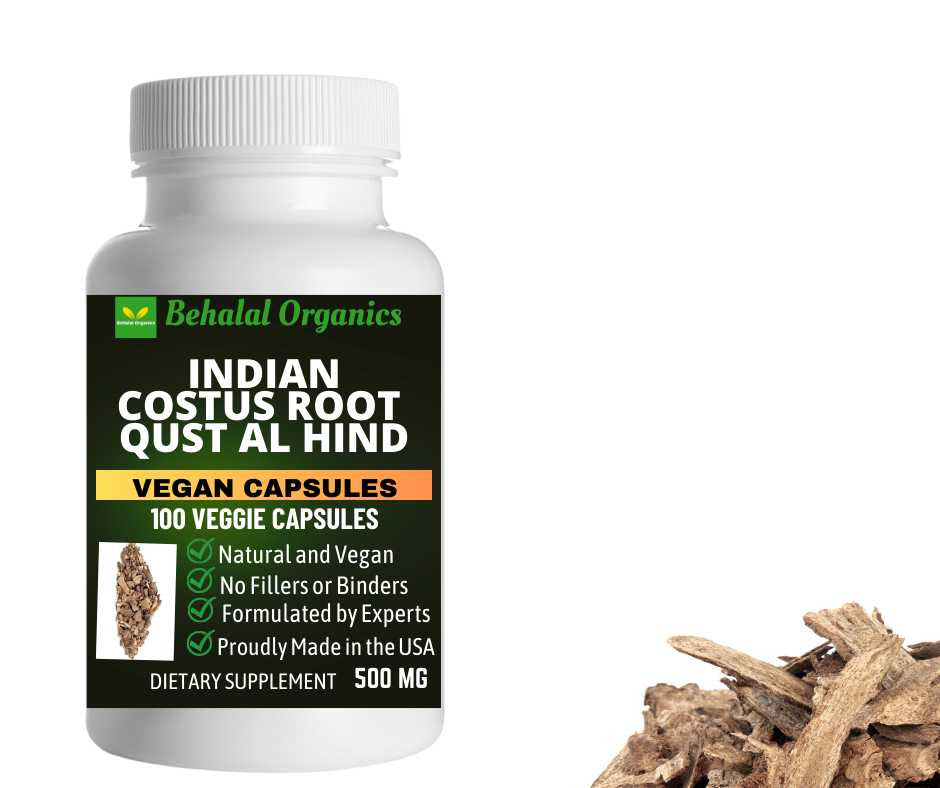 Indian costus qust al hind 100 Quick Release Capsules - 500mg Per Capsule Behalal Organics