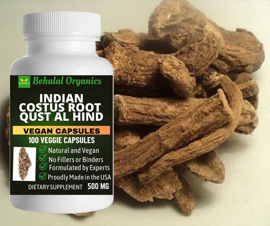 Indian costus qust al hind 100 Quick Release Capsules - 500mg Per Capsule Behalal Organics