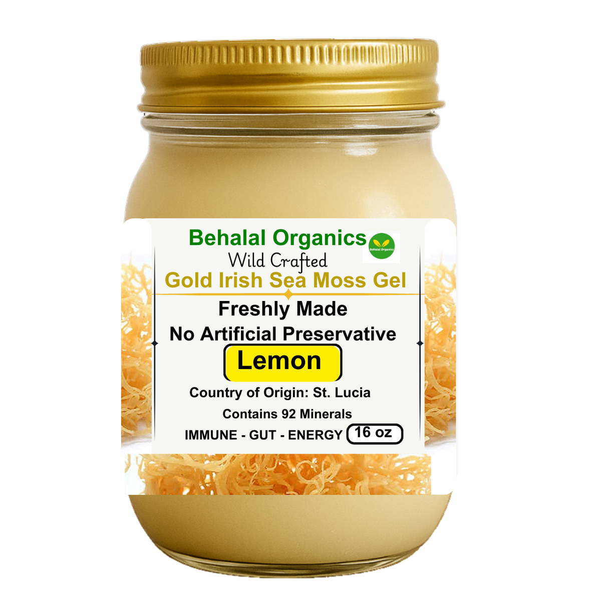 Jar of Lemon Irish Sea Moss Gel by Behalal Organics – Wildcrafted St. Lucia Gold sea moss, organic, vegan superfood supplement with citrus flavor in glass container, photographed with fresh lemons and tropical background