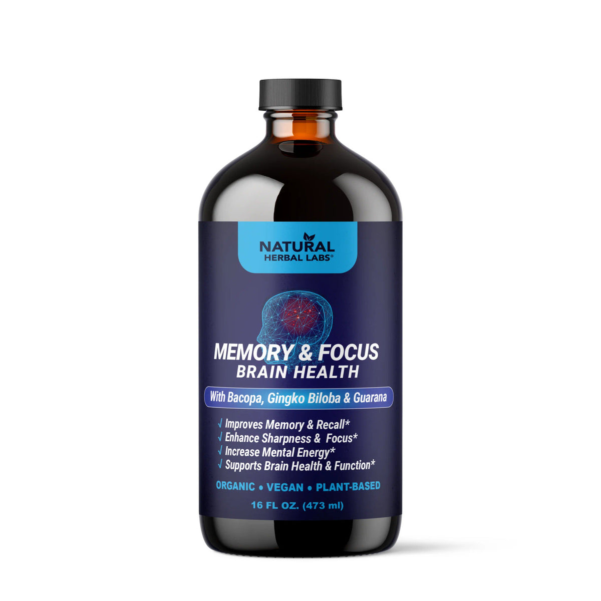 Memory & Focus Brain Health Supplement - Plant-Based Formula, 16 oz