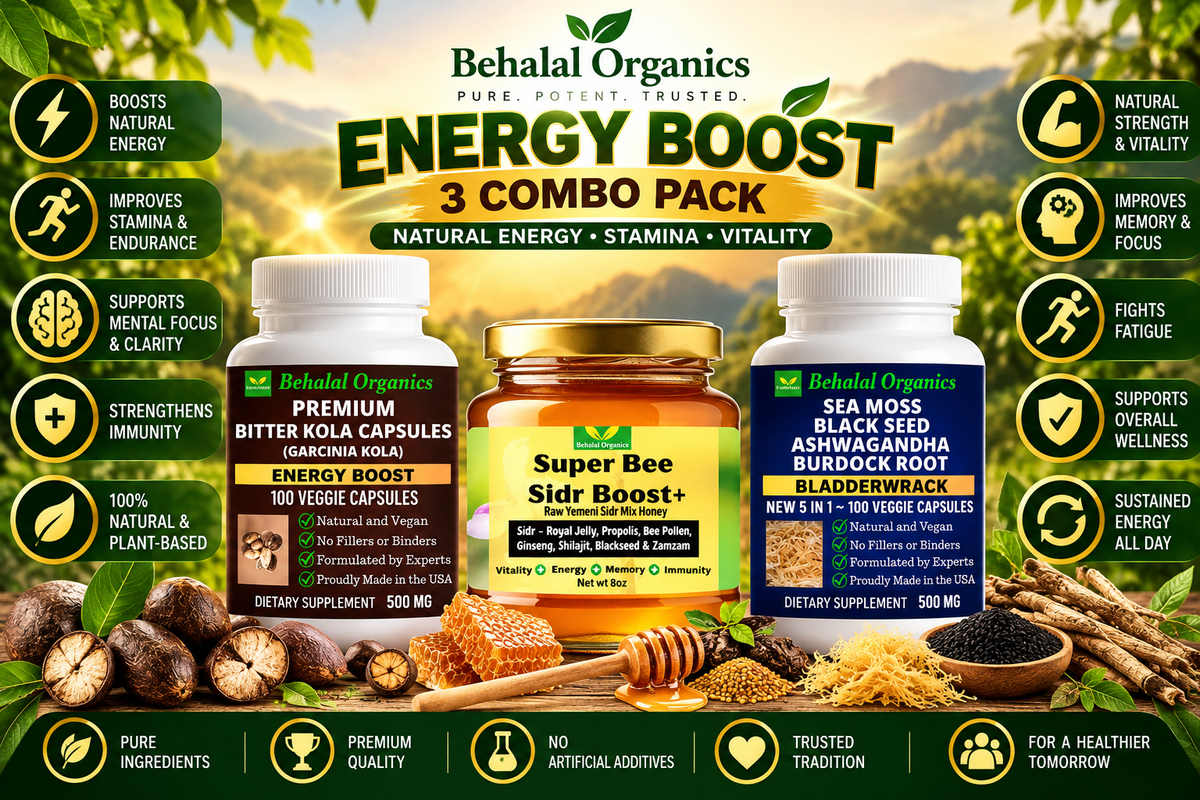 Behalal Organics Natural Energy Boost 3-in-1 Combo Pack featuring Premium Bitter Kola Capsules, Super Bee Sidr Boost+ Honey, and Sea Moss 5-in-1 Herbal Capsules