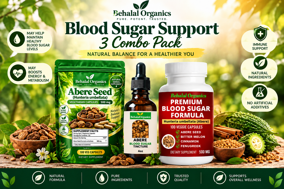 Blood Sugar Support Bundle – Abere Seed Capsules, Herbal Tincture & 4-Herb Formula | 3-Piece Combo