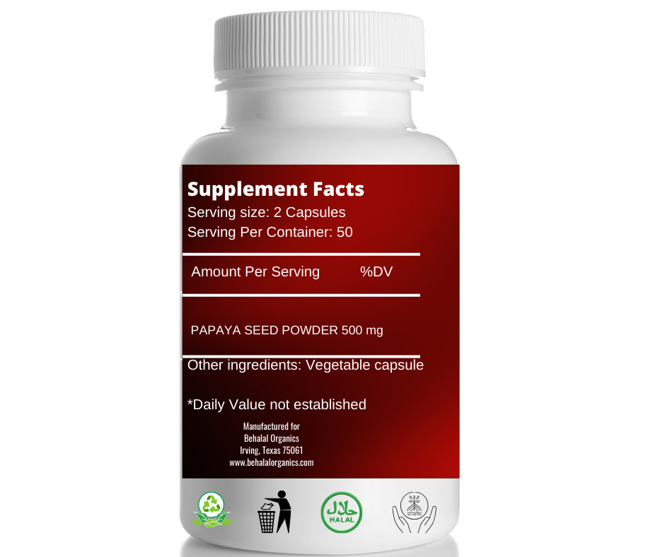 Papaya seed 100 Quick Release Capsules - 500mg Per Capsule Behalal Organics