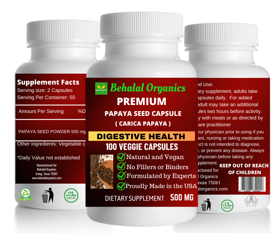 Papaya seed 100 Quick Release Capsules - 500mg Per Capsule Behalal Organics