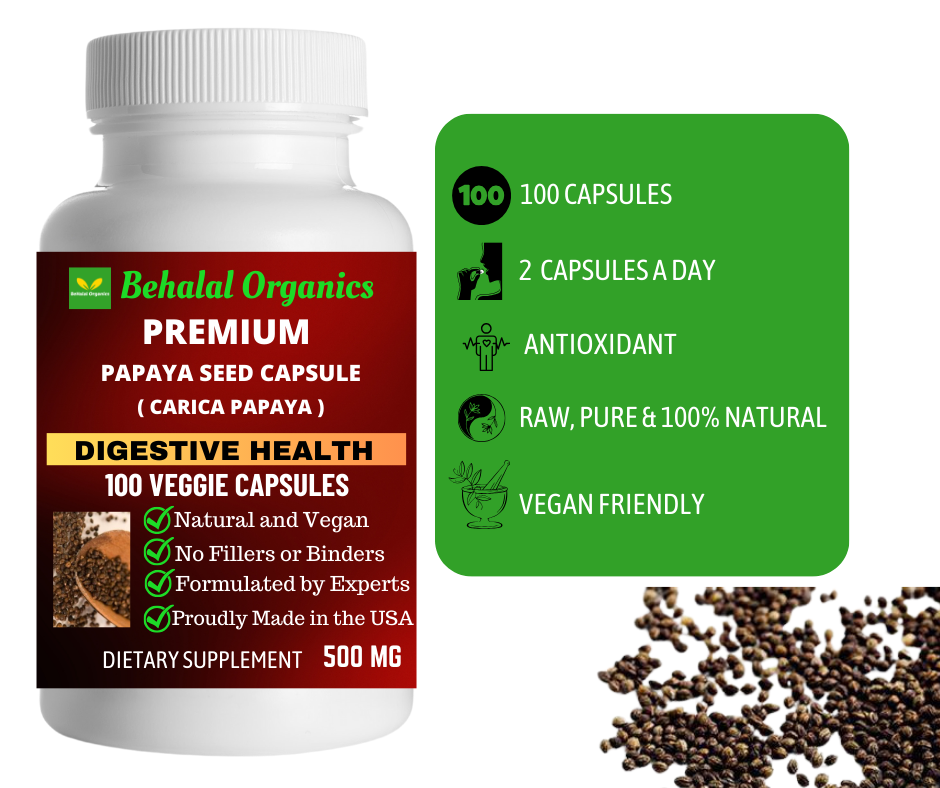 Papaya seed 100 Quick Release Capsules - 500mg Per Capsule Behalal Organics