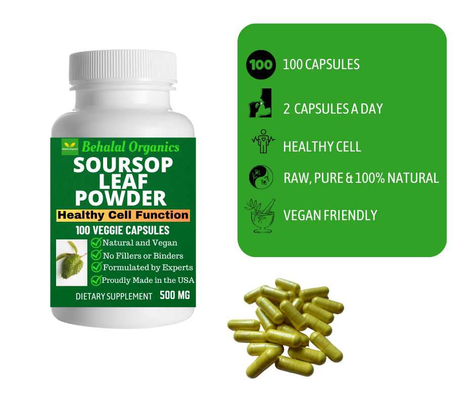 Graviola Soursop Capsules 500mg Pure Natural Soursop Capsules Leaves fruit Powder - 100 Capsules
